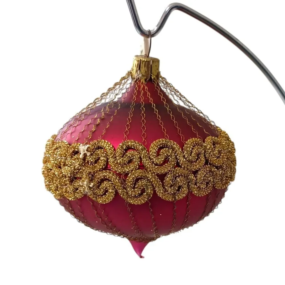 Hand Blown Glass Onion Shaped Ornament Fine Gold Chain Wrapped Victorian Germany
